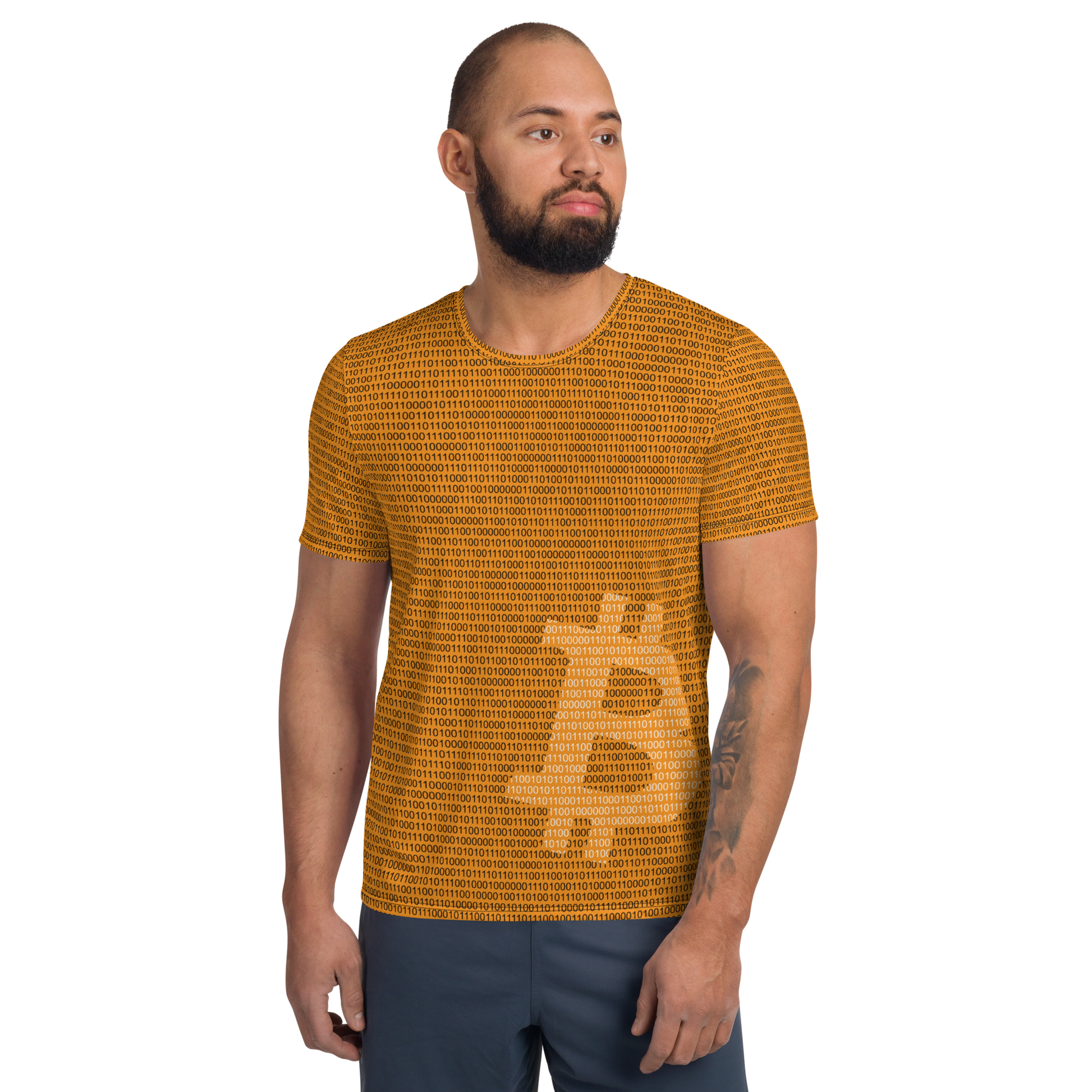 Front view of a man wearing an orange bitcoin athletic shirt for men.