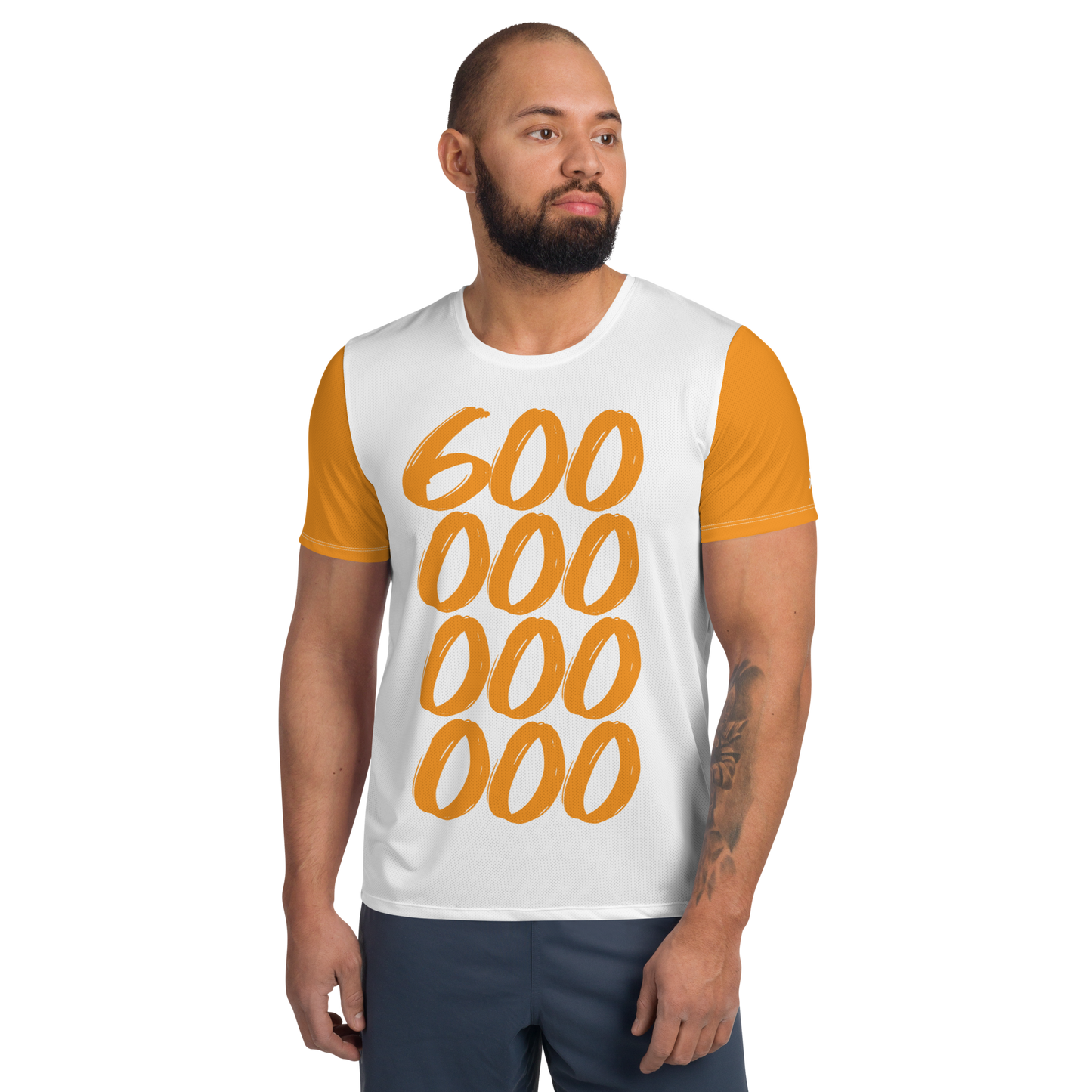 Front view of a man wearing a white and orange bitcoin athletic shirt for men.