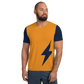 Front view of a man wearing an orange and navy blue bitcoin athletic shirt for men.