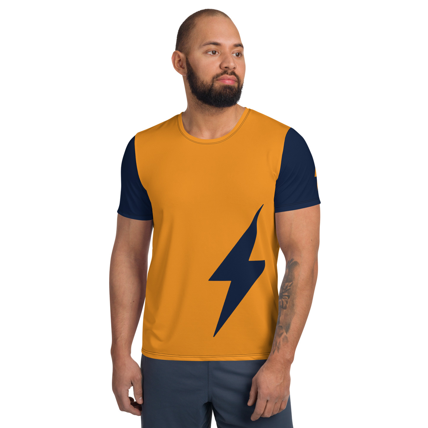 Front view of a man wearing an orange and navy blue bitcoin athletic shirt for men.