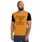 Front view of a man wearing an orange and black bitcoin athletic shirt for men.