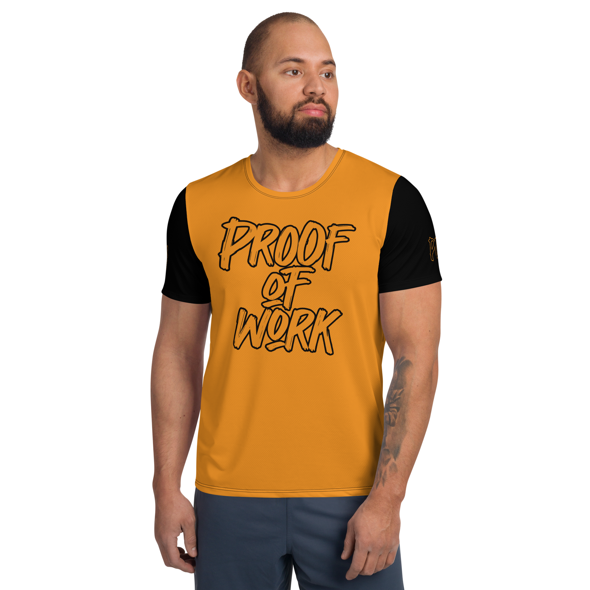 Front view of a man wearing an orange and black bitcoin athletic shirt for men.