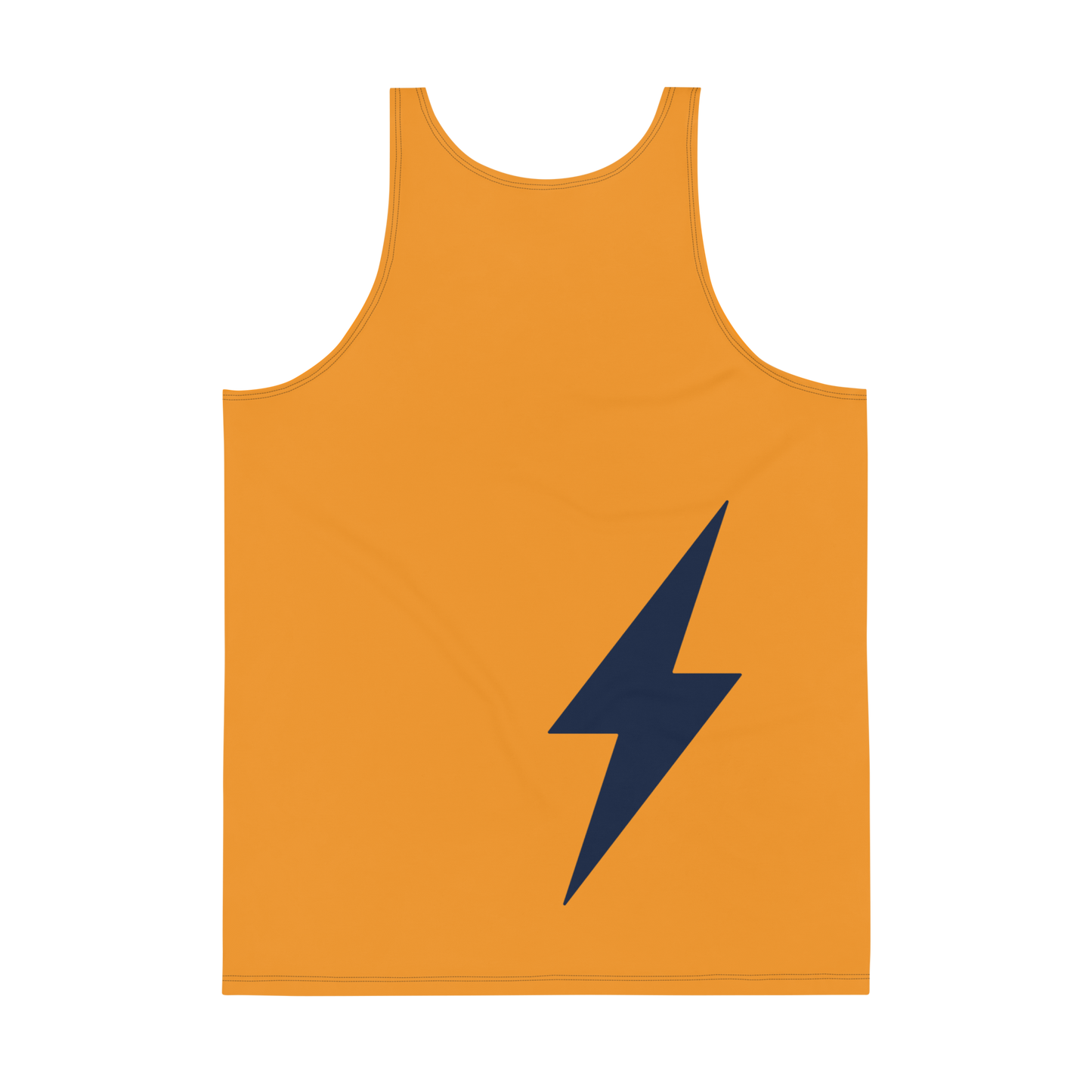 Back view of an orange bitcoin tank top.