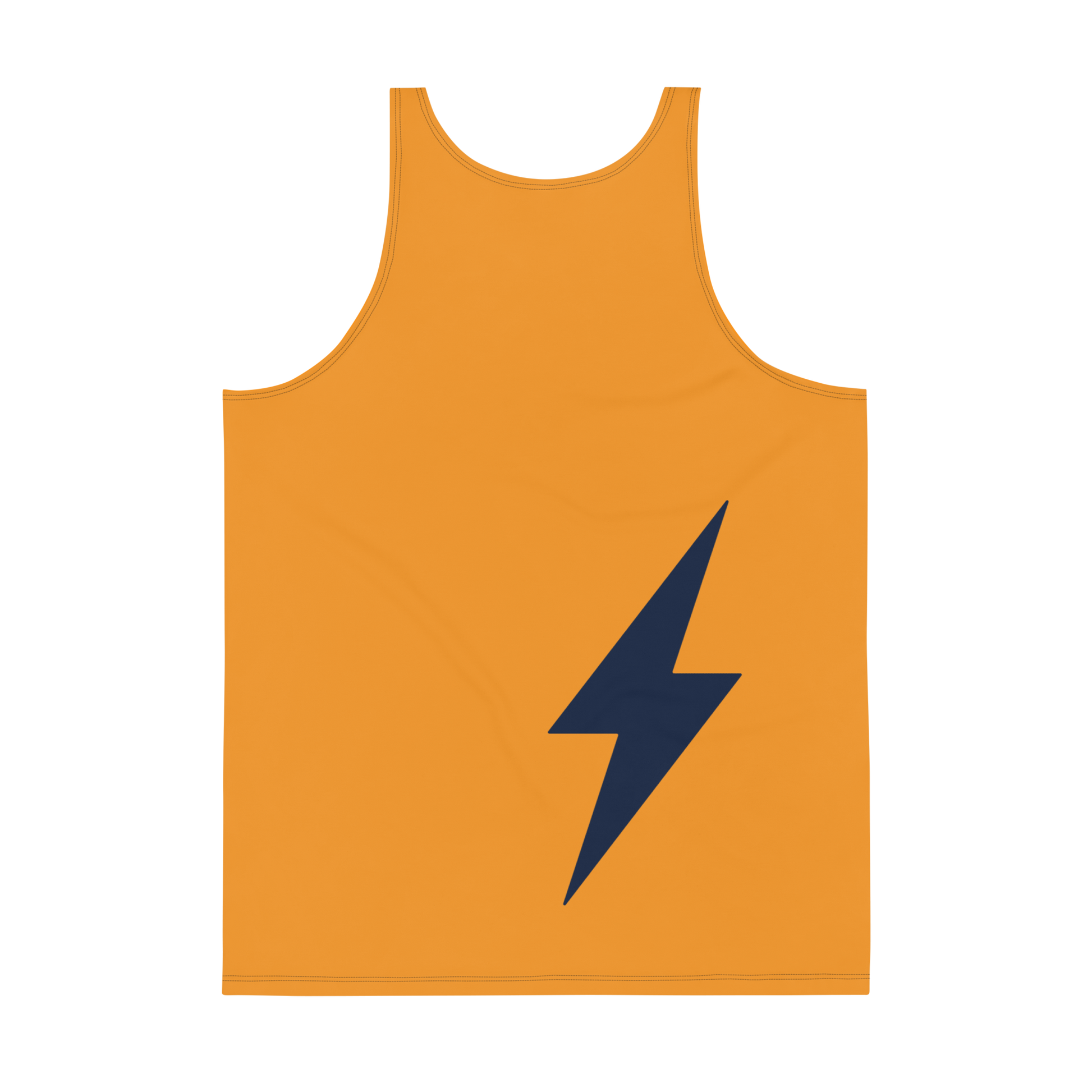 Back view of an orange bitcoin tank top.