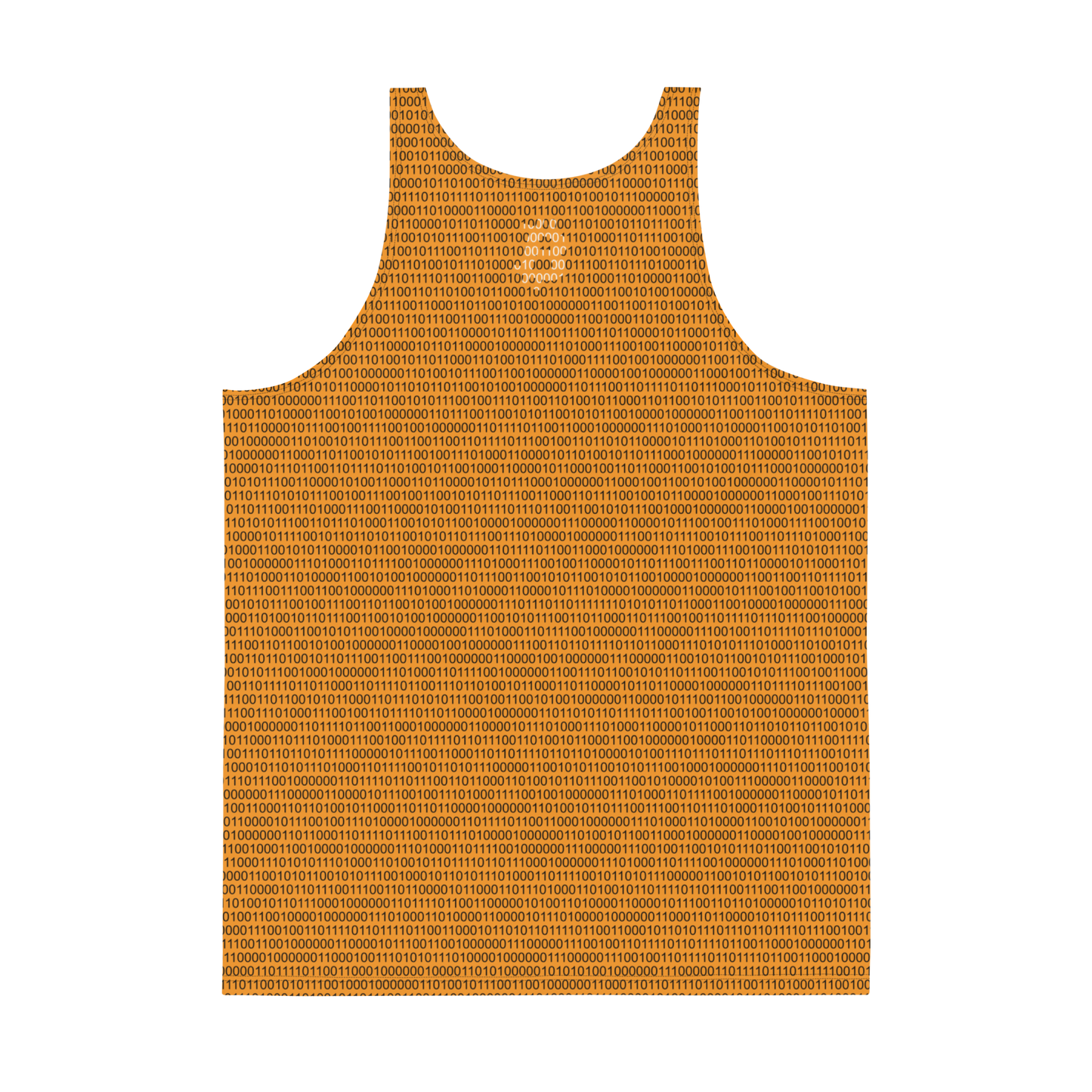 Back view of an orange bitcoin tank top.