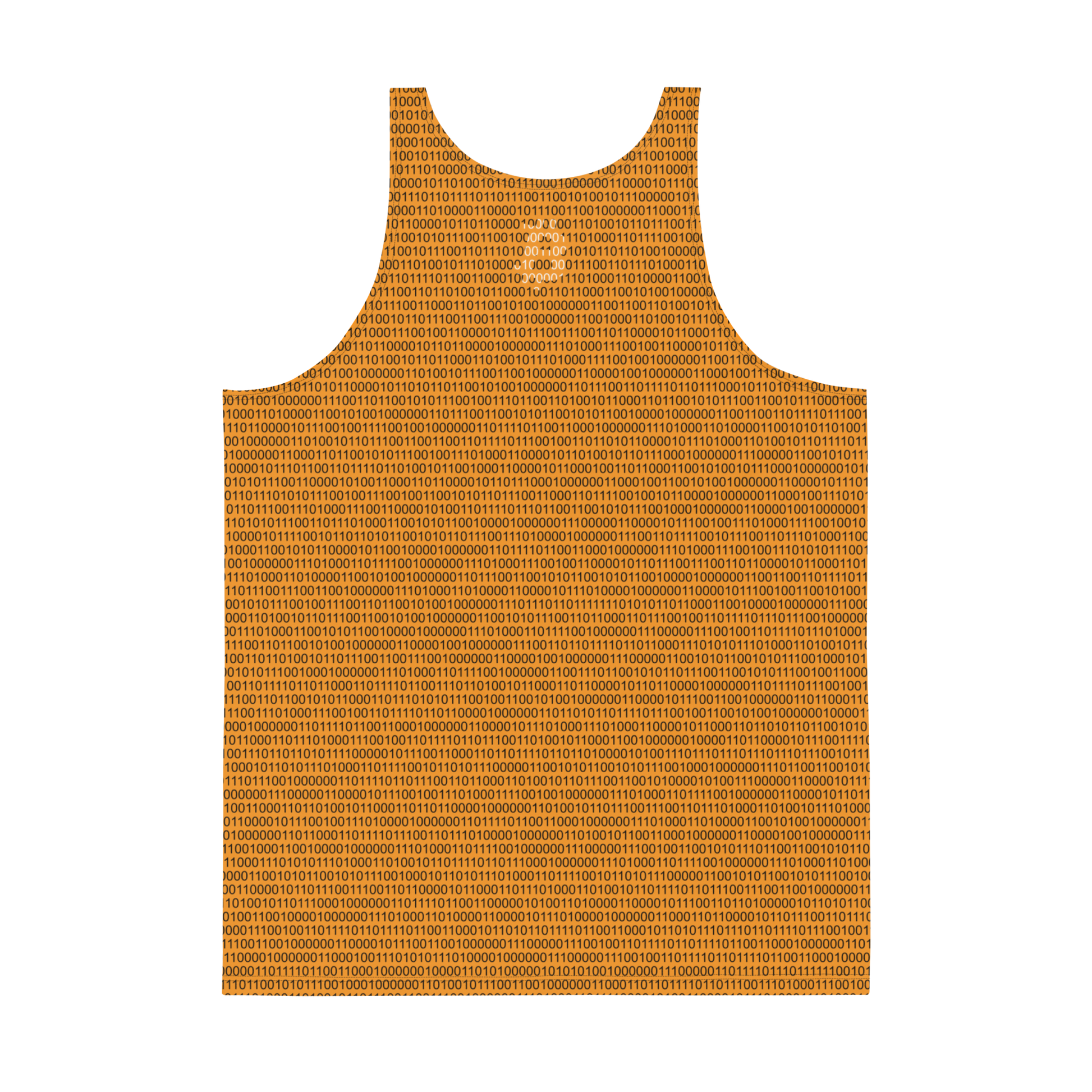 Back view of an orange bitcoin tank top.