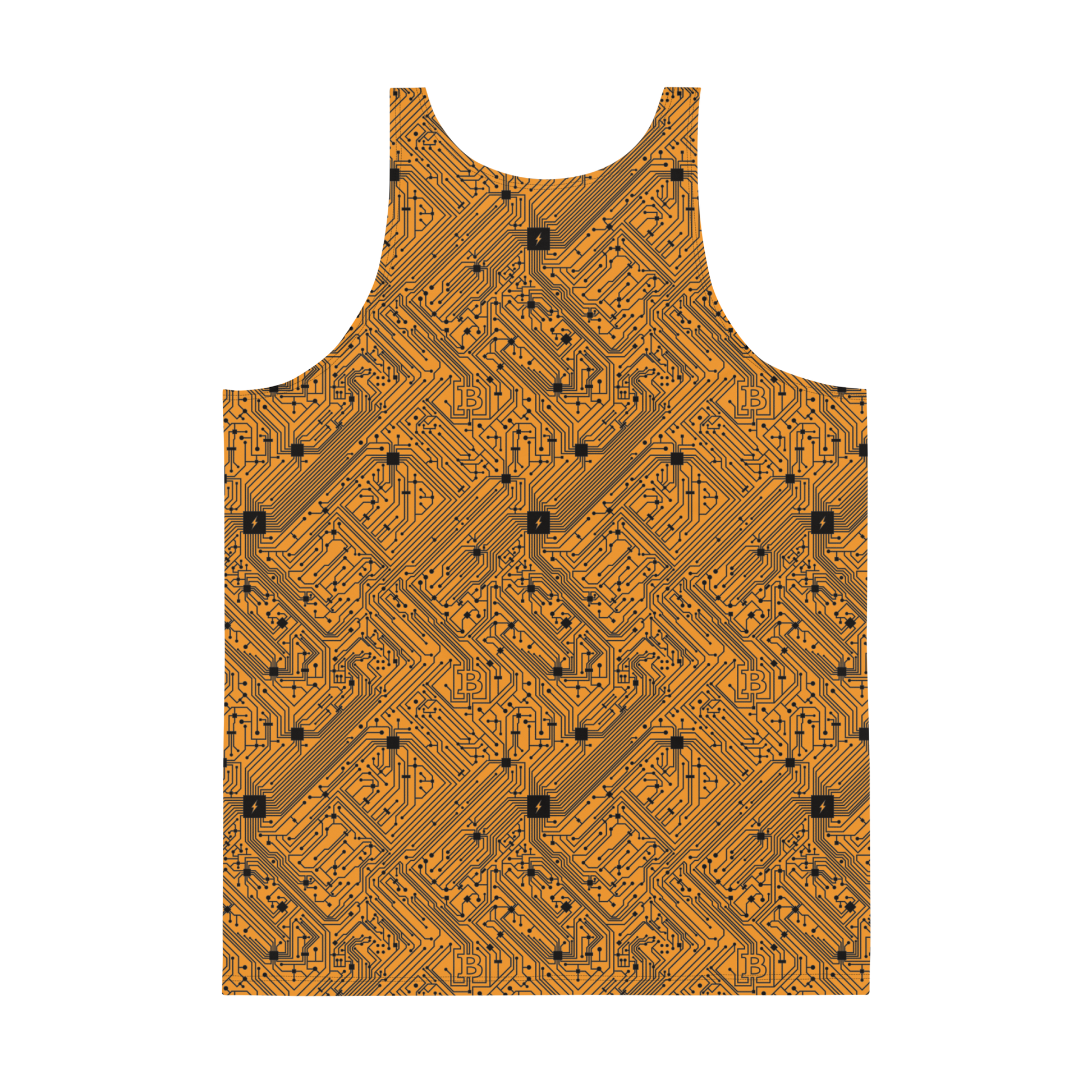 Back view of an orange bitcoin tank top.