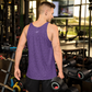 Back view of a man wearing a purple nostr tank top.