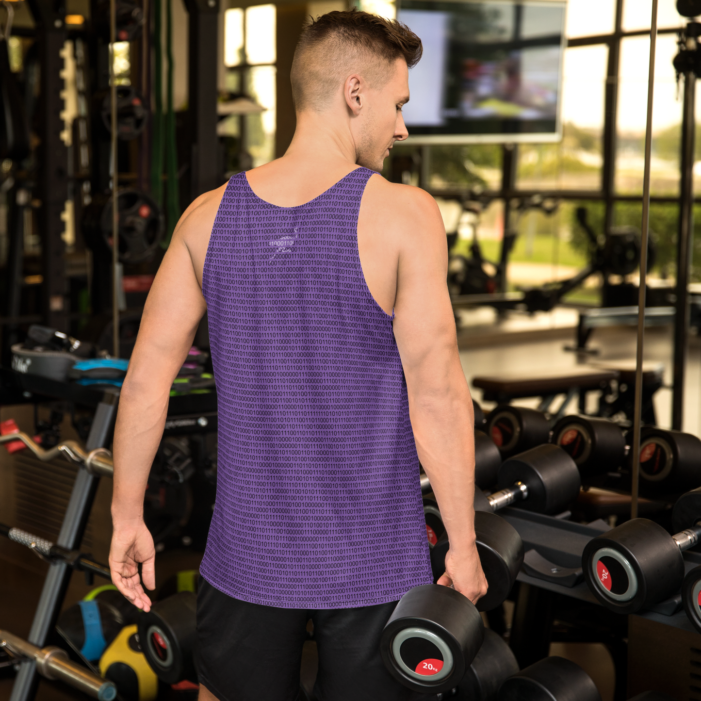 Back view of a man wearing a purple nostr tank top.