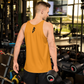 Back view of man wearing an orange bitcoin tank top.