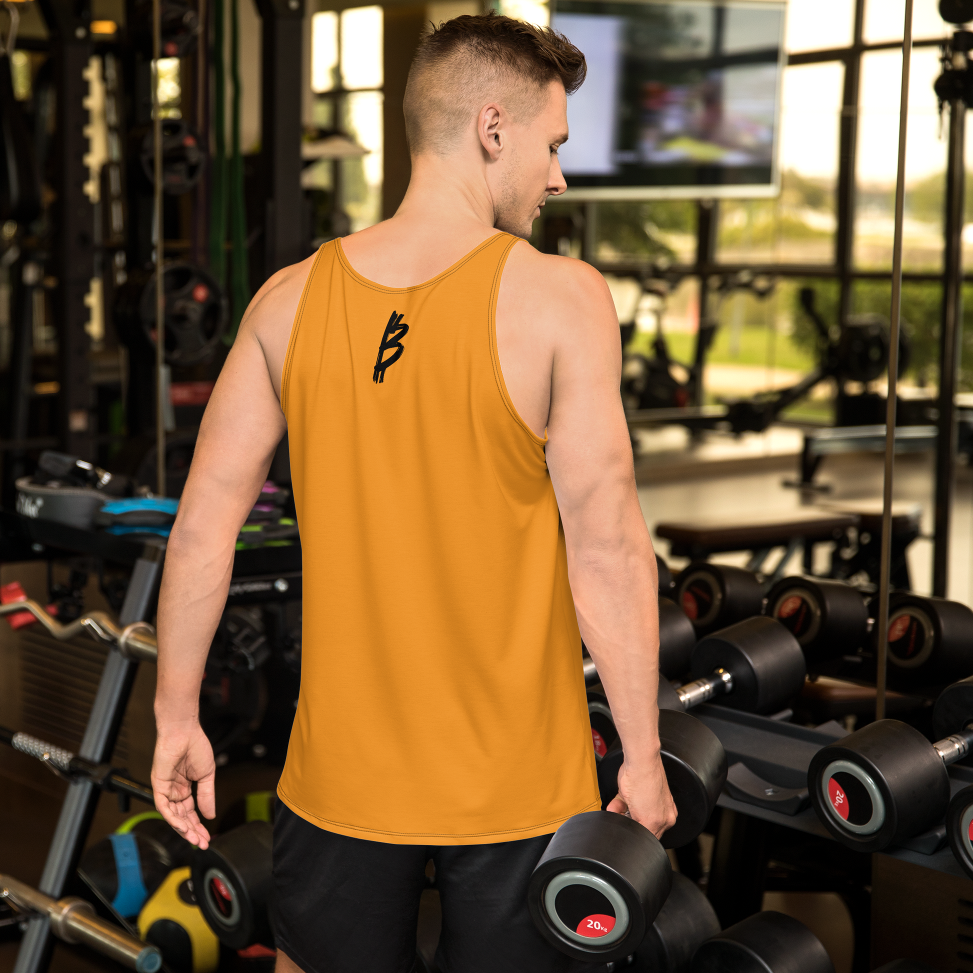 Back view of man wearing an orange bitcoin tank top.