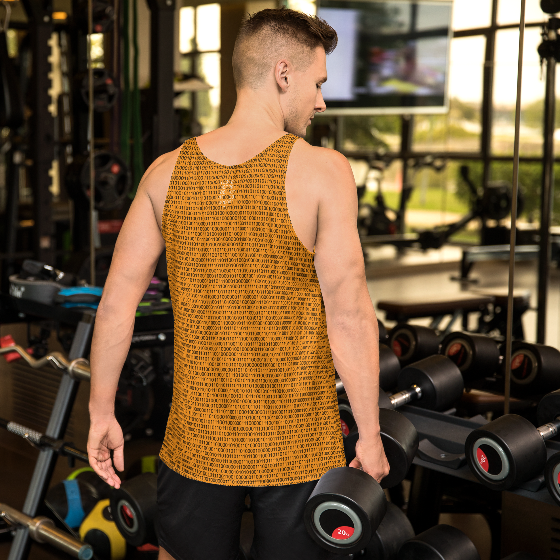 Back view of man wearing an orange bitcoin tank top.