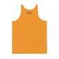 Back view of an orange bitcoin tank top.