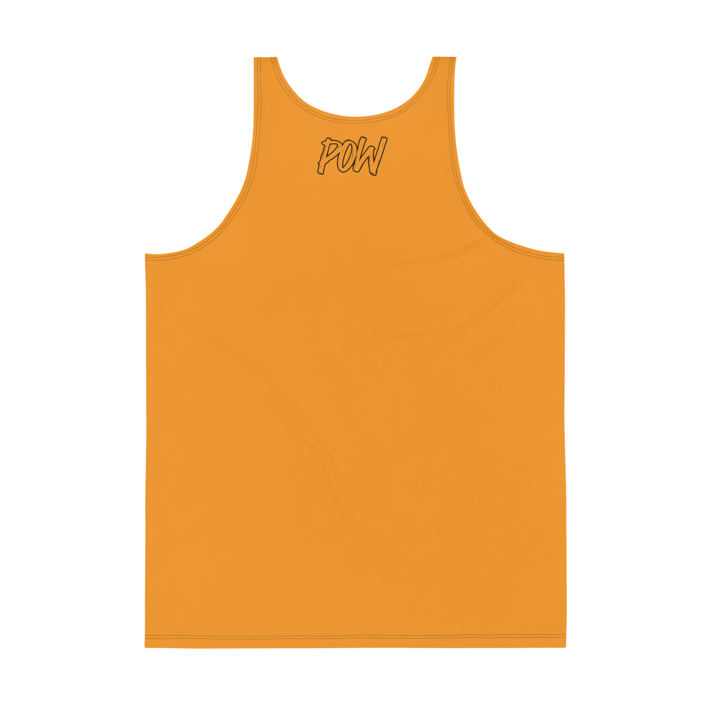 Back view of an orange bitcoin tank top.