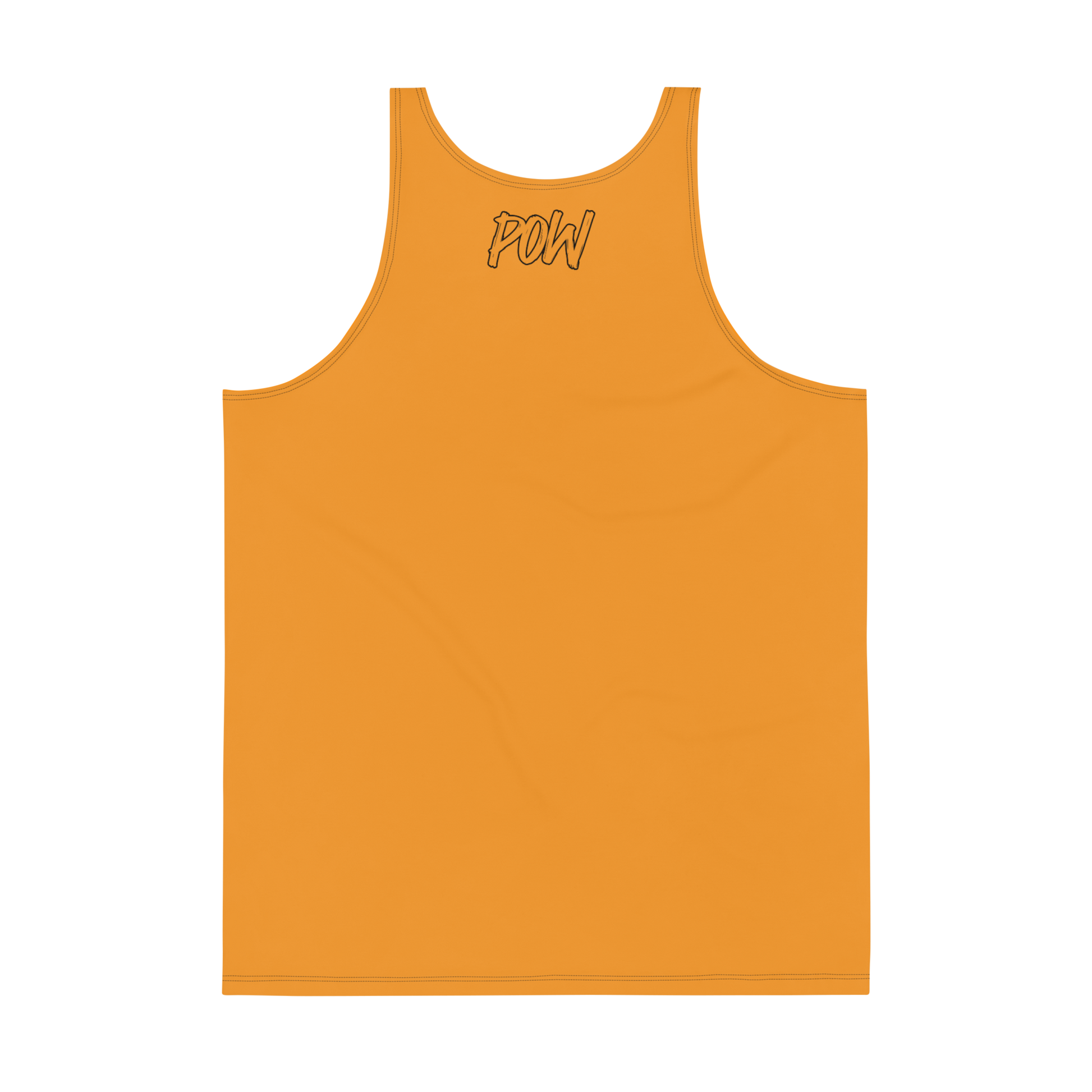 Back view of an orange bitcoin tank top.