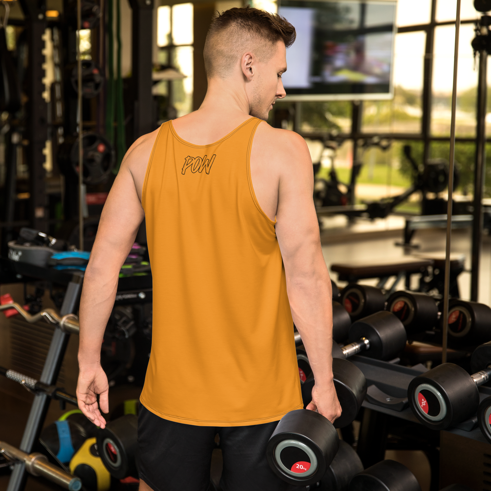 Back view of a man wearing an orange bitcoin tank top.