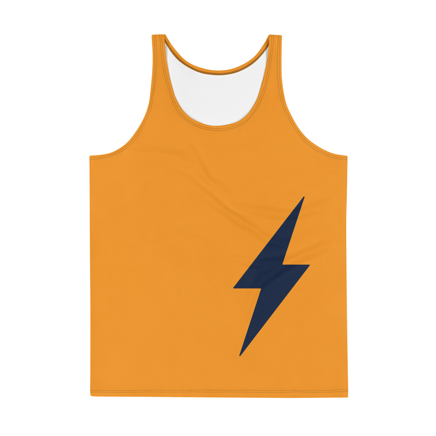 Front view of an orange bitcoin tank top.