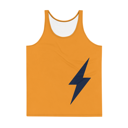 Front view of an orange bitcoin tank top.