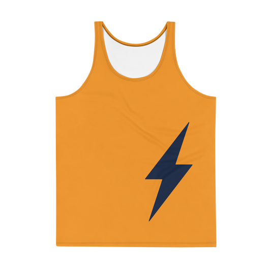 Front view of an orange bitcoin tank top.