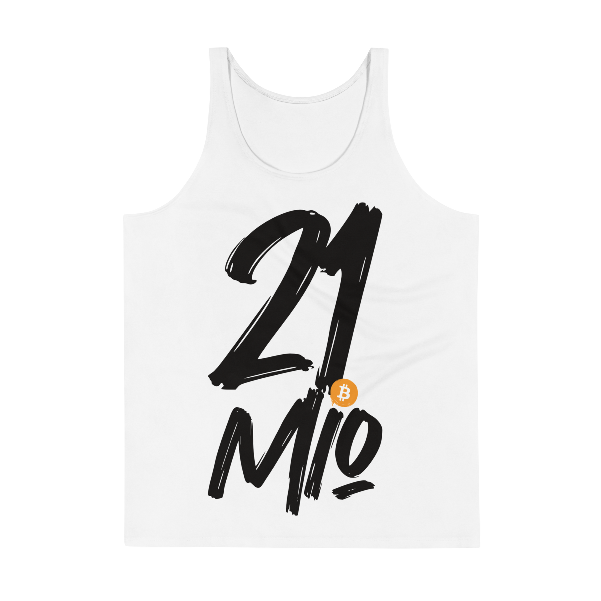 Front view of a white bitcoin tank top.