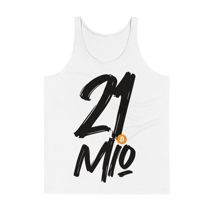 Front view of a white bitcoin tank top.