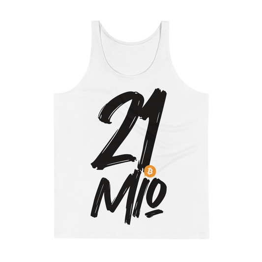 Front view of a white bitcoin tank top.