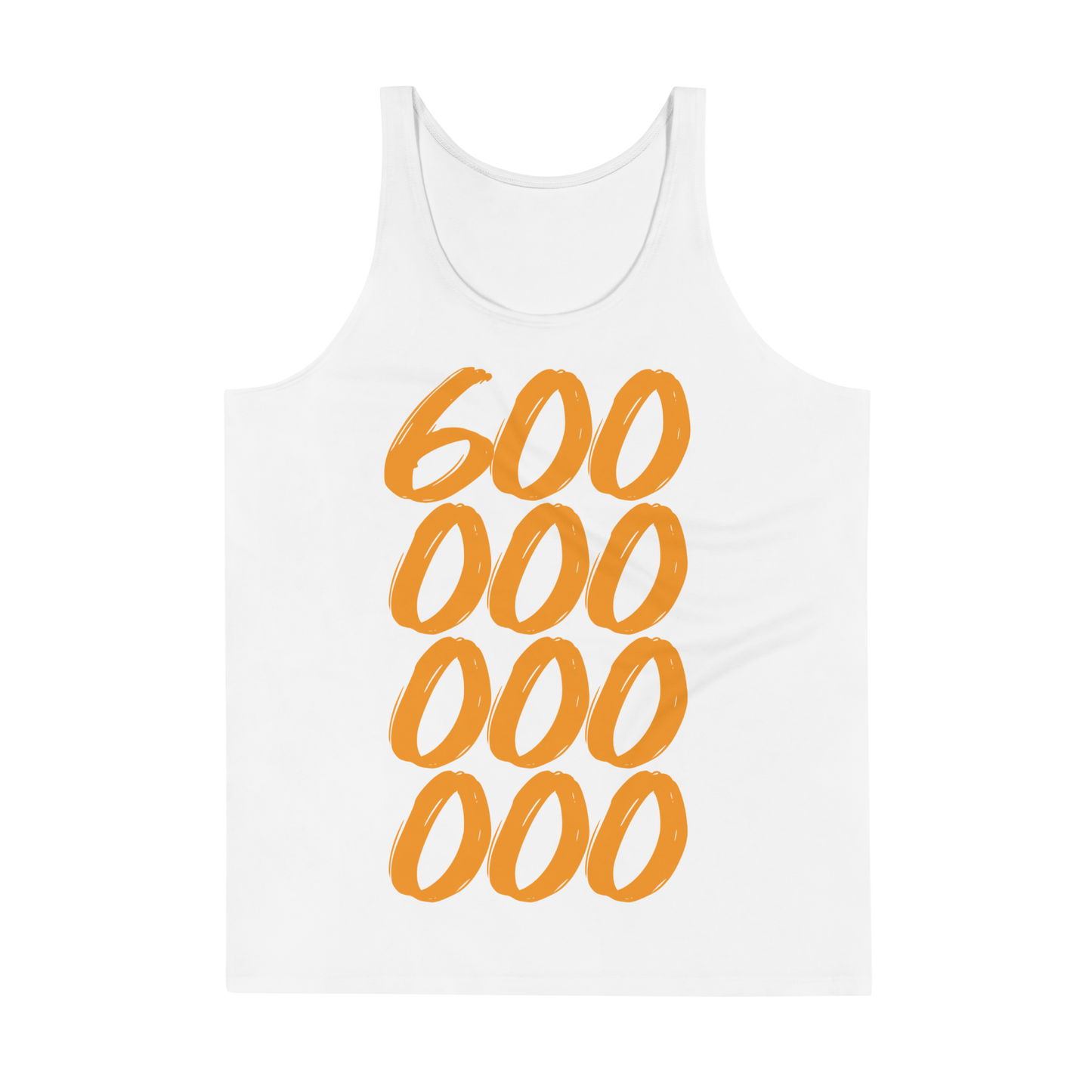 Front view of a white bitcoin tank top.