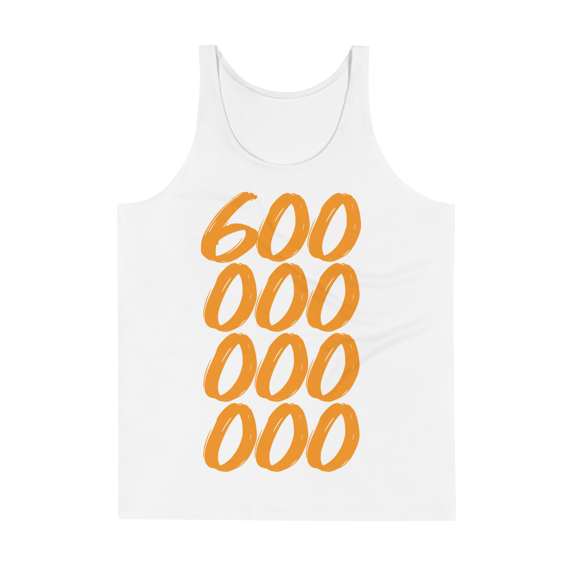 Front view of a white bitcoin tank top.