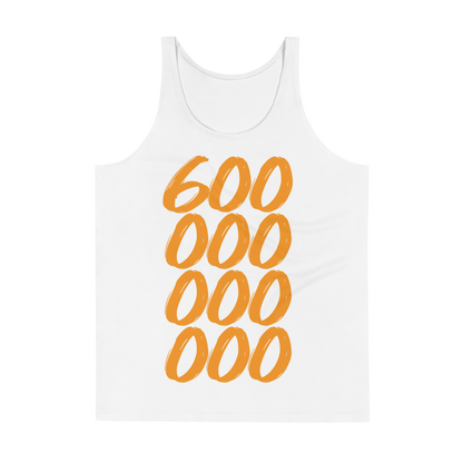 Front view of a white bitcoin tank top.