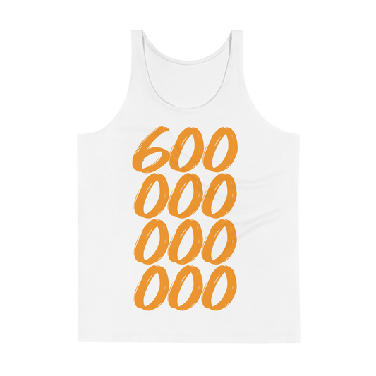 Front view of a white bitcoin tank top.