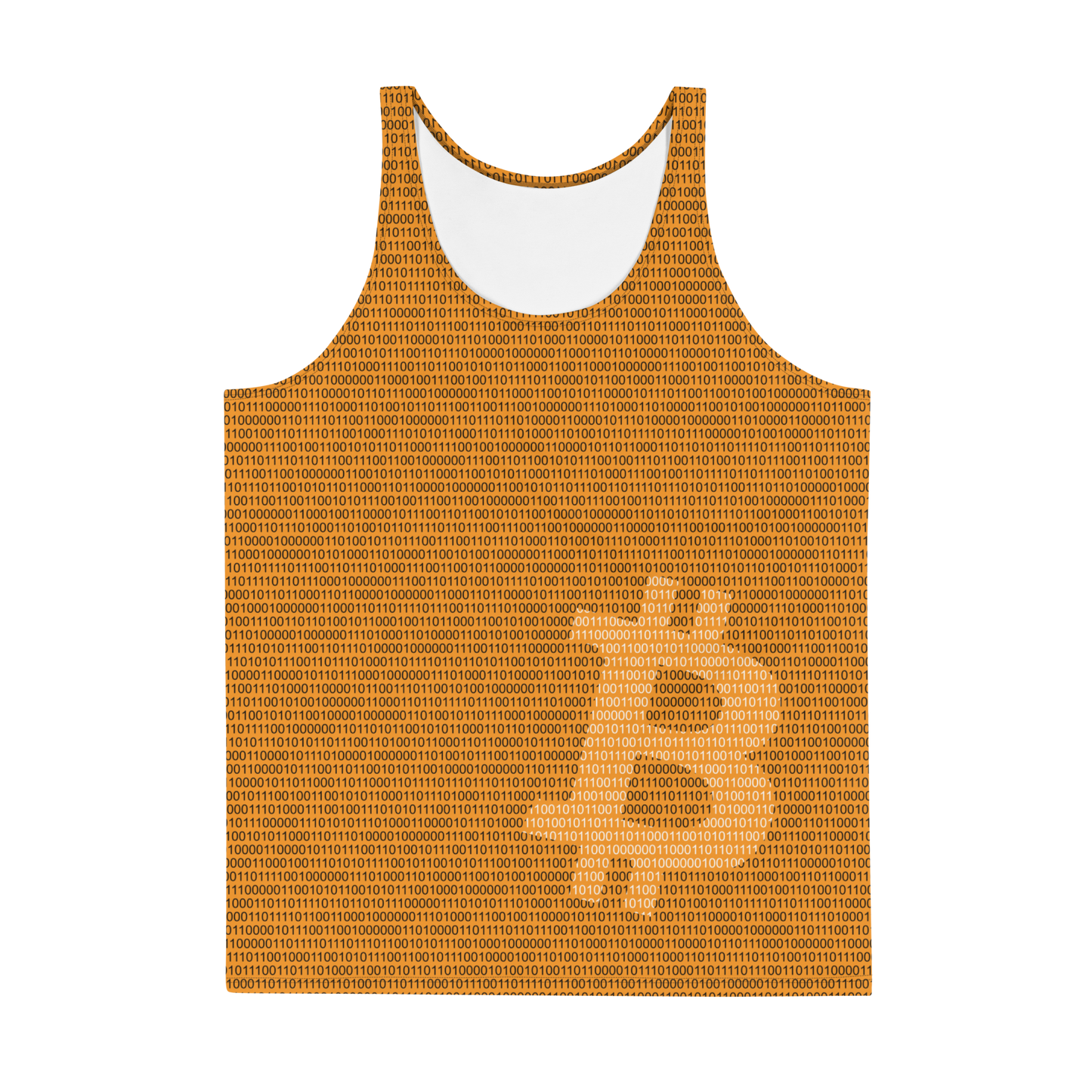 Front view of an orange bitcoin tank top.