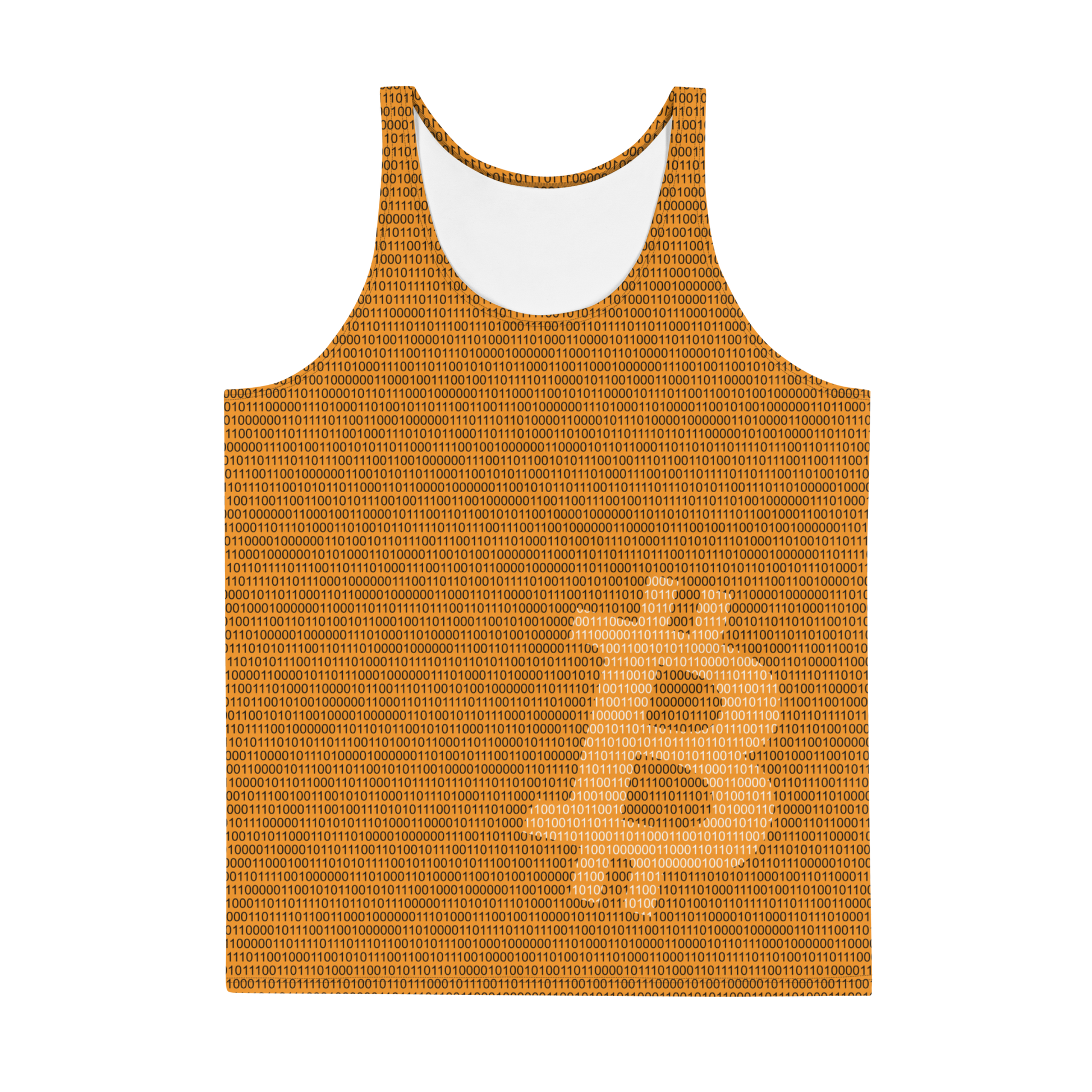 Front view of an orange bitcoin tank top.