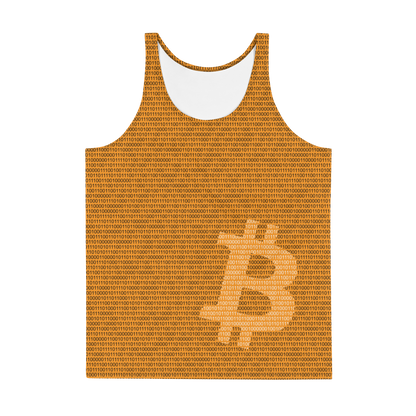 Front view of an orange bitcoin tank top.