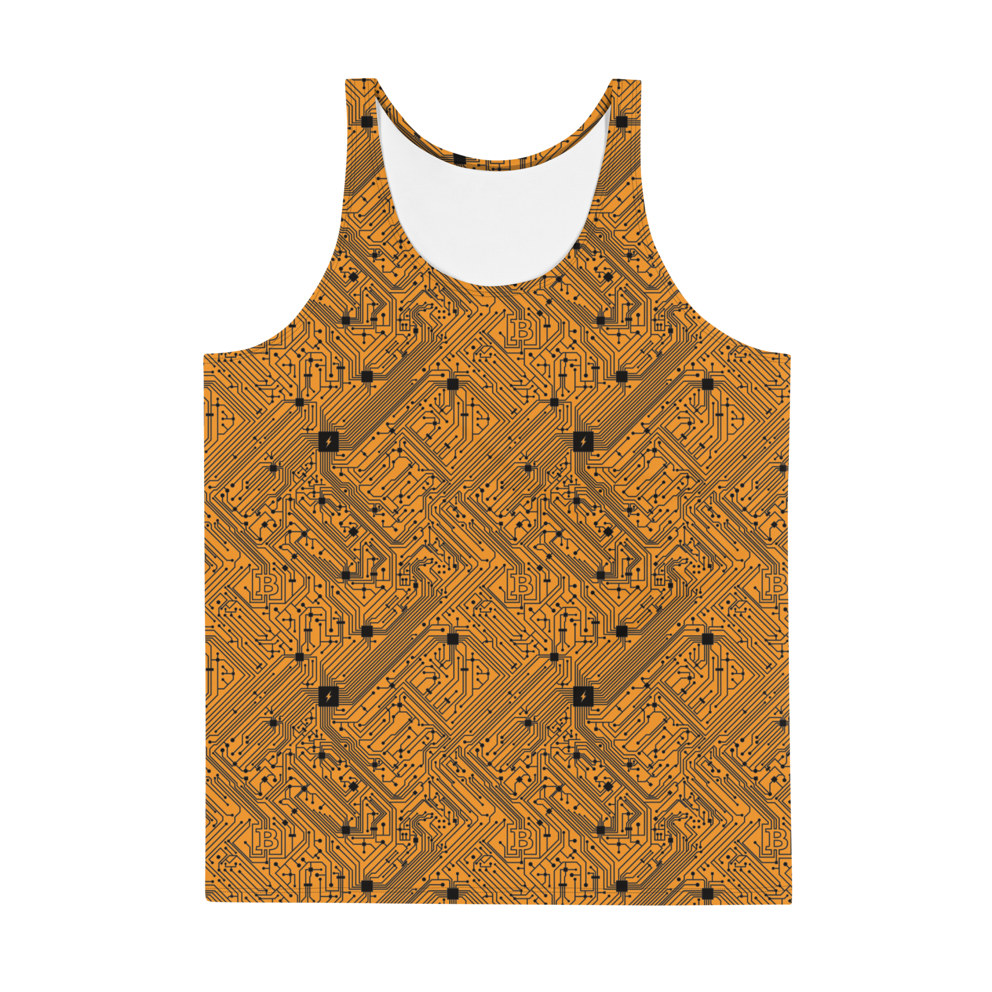 Front view of an orange bitcoin tank top.