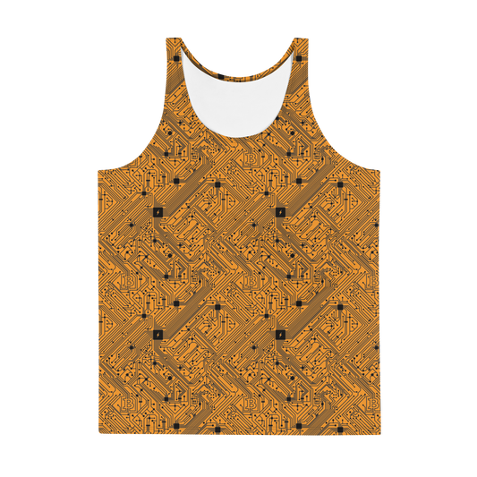 Front view of an orange bitcoin tank top.