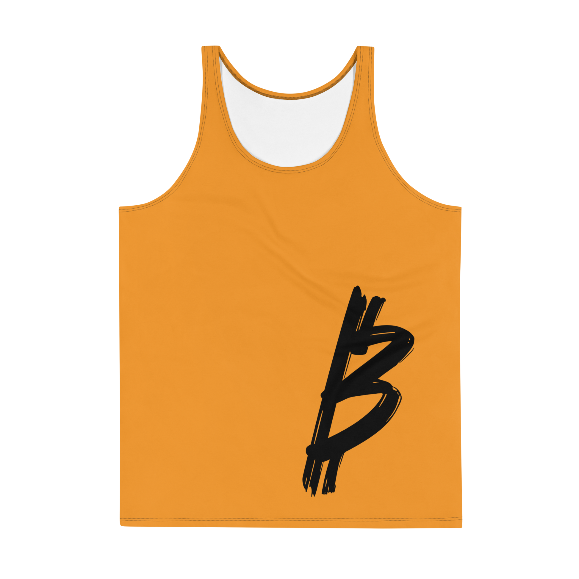 Front view of an orange bitcoin tank top.