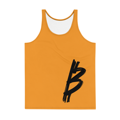 Front view of an orange bitcoin tank top.