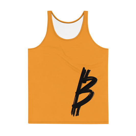 Front view of an orange bitcoin tank top.