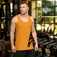 Front view of man wearing an orange bitcoin tank top.