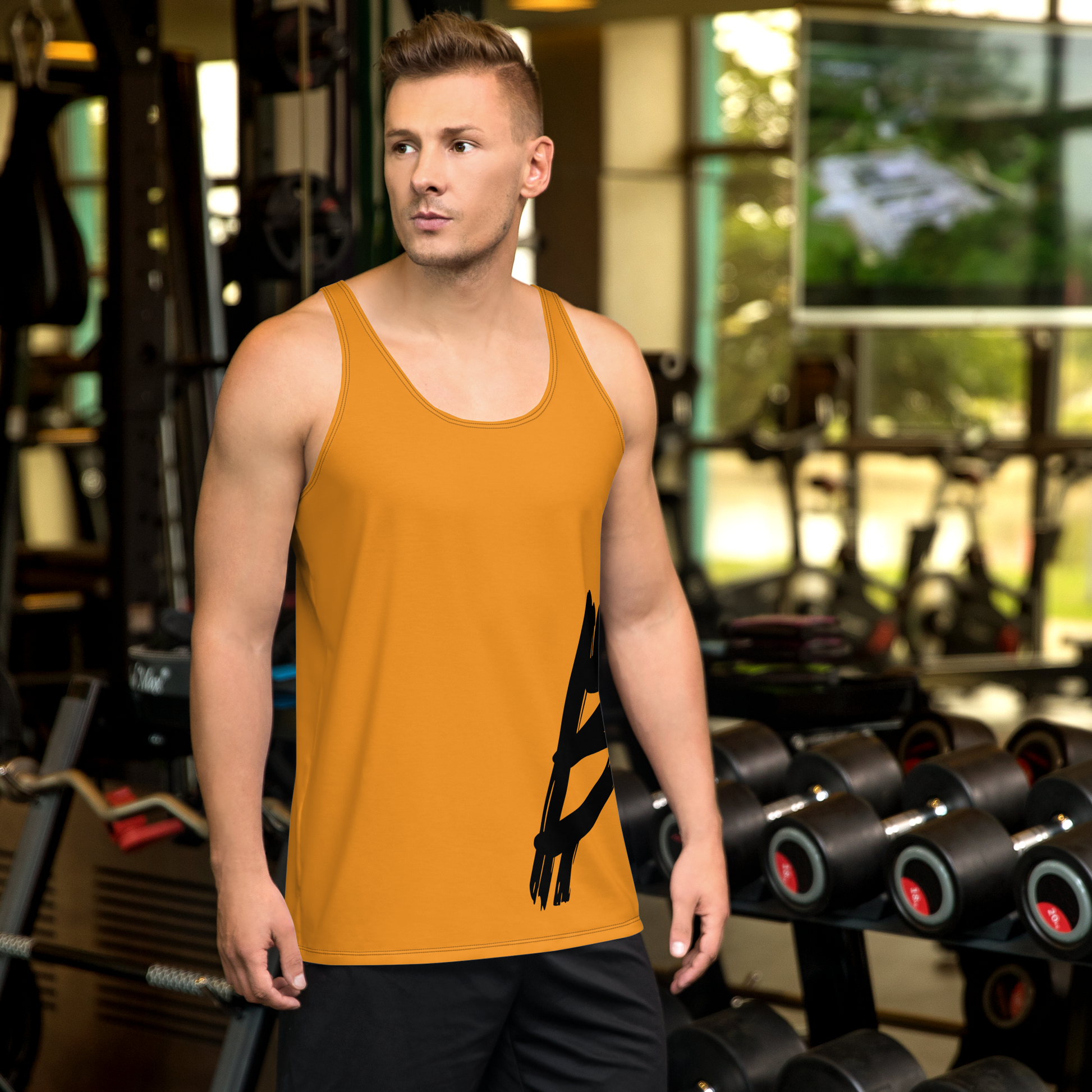 Front view of man wearing an orange bitcoin tank top.