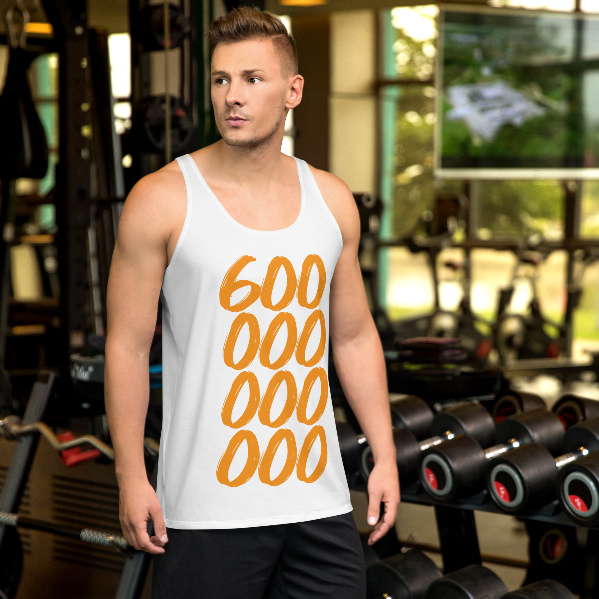 Front view of a man wearing a white bitcoin tank top.