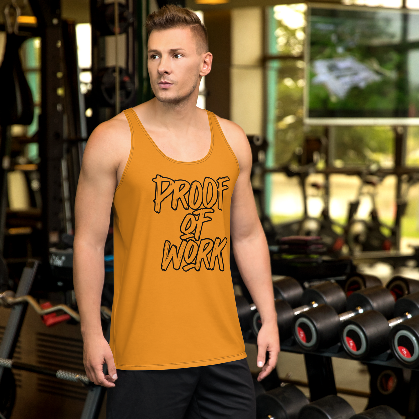 Front view of a man wearing an orange bitcoin tank top.