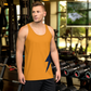 Front view of man wearing an orange bitcoin tank top.