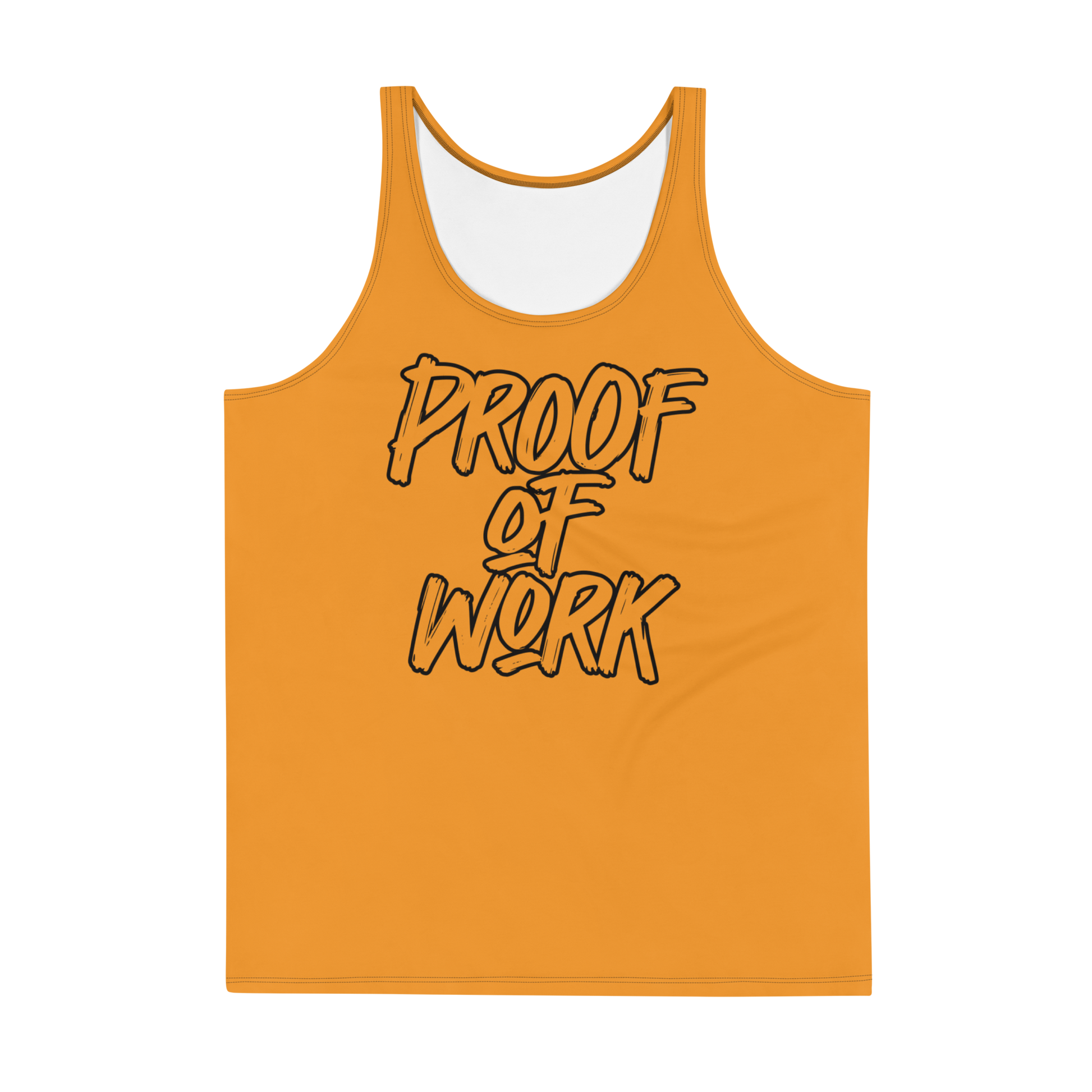 Front view of an orange bitcoin tank top.