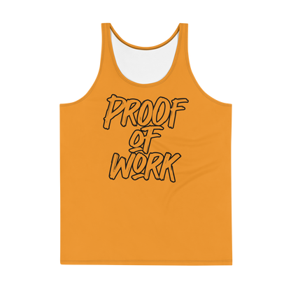 Front view of an orange bitcoin tank top.