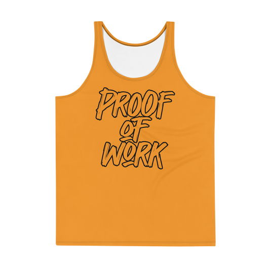 Front view of an orange bitcoin tank top.