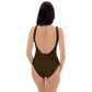 Back view of a woman wearing a black bitcoin swimsuit.