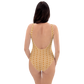 Back view of a woman wearing an orange bitcoin swimsuit.