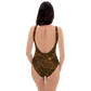 Back view of a woman wearing a black bitcoin swimsuit.