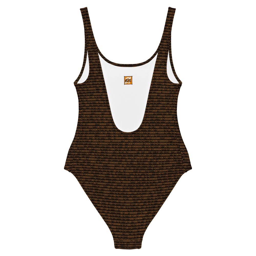 Back view of a black bitcoin swimsuit.